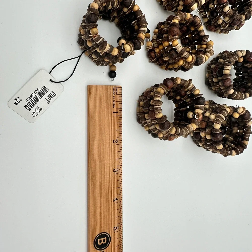Pier 1 Napkin Rings Set of 8 Brown Woven Wood Bead Memory Wire Boho Coastal